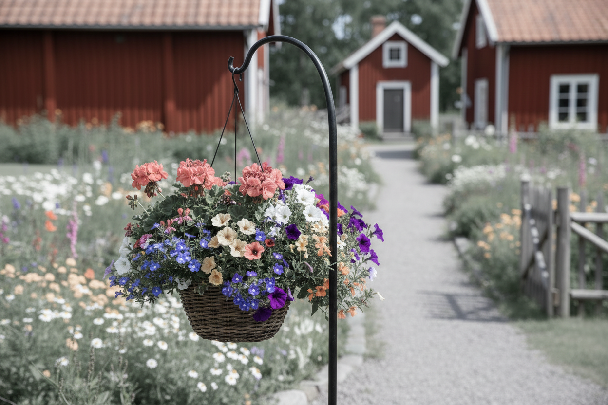 Lantlig miljöbild med spetsig ampelkrok